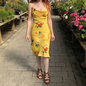Simple Retro Elena Chiffon Floral Yellow Midi Dress Spring Wedding Guest XS